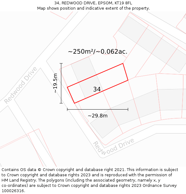 34, REDWOOD DRIVE, EPSOM, KT19 8FL: Plot and title map