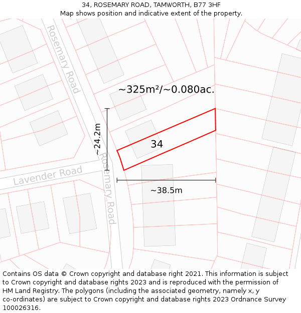 34, ROSEMARY ROAD, TAMWORTH, B77 3HF: Plot and title map