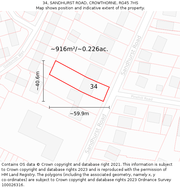 34, SANDHURST ROAD, CROWTHORNE, RG45 7HS: Plot and title map