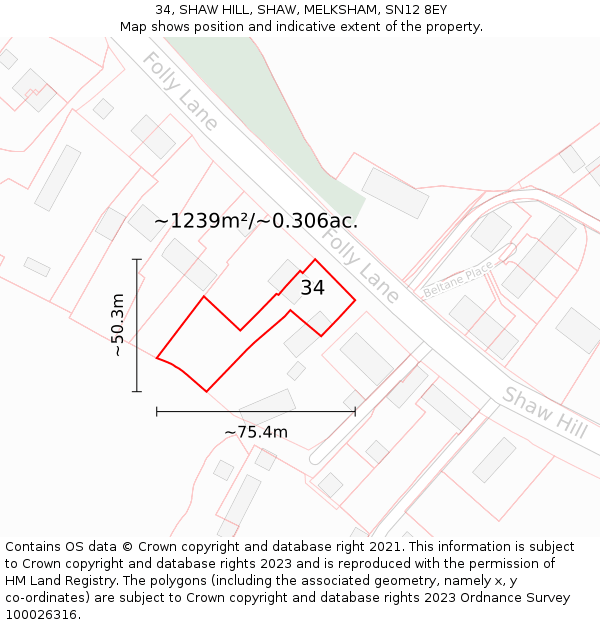 34, SHAW HILL, SHAW, MELKSHAM, SN12 8EY: Plot and title map