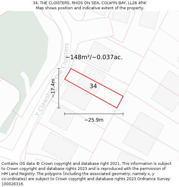 34, THE CLOISTERS, RHOS ON SEA, COLWYN BAY, LL28 4PW: Plot and title map