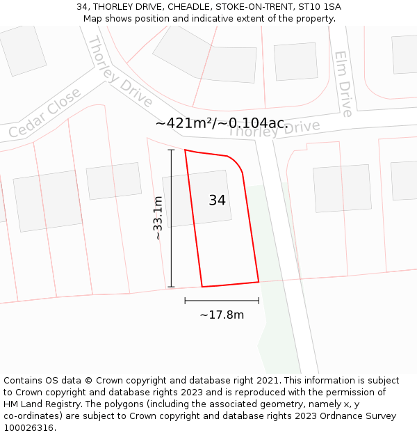 34, THORLEY DRIVE, CHEADLE, STOKE-ON-TRENT, ST10 1SA: Plot and title map