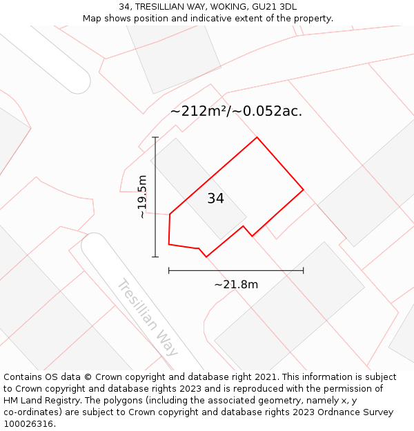 34, TRESILLIAN WAY, WOKING, GU21 3DL: Plot and title map