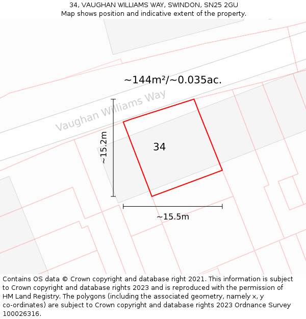 34, VAUGHAN WILLIAMS WAY, SWINDON, SN25 2GU: Plot and title map