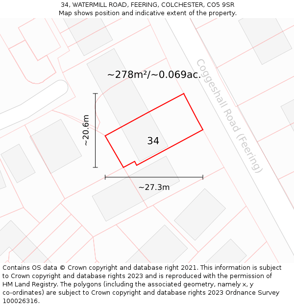 34, WATERMILL ROAD, FEERING, COLCHESTER, CO5 9SR: Plot and title map