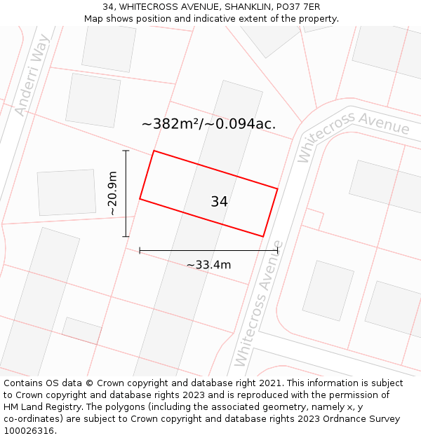 34, WHITECROSS AVENUE, SHANKLIN, PO37 7ER: Plot and title map