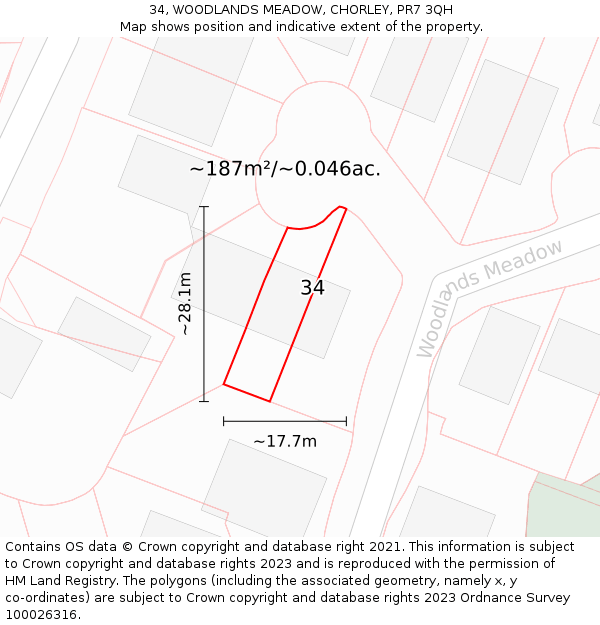 34, WOODLANDS MEADOW, CHORLEY, PR7 3QH: Plot and title map