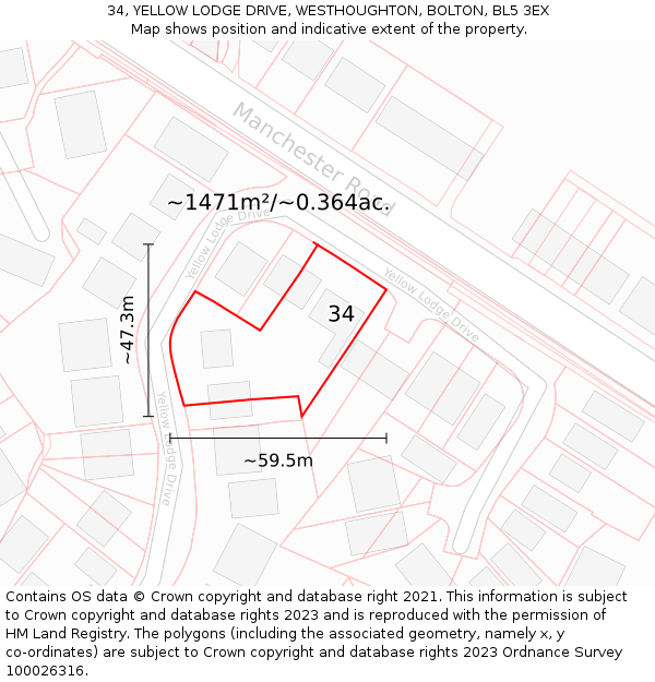 34, YELLOW LODGE DRIVE, WESTHOUGHTON, BOLTON, BL5 3EX: Plot and title map