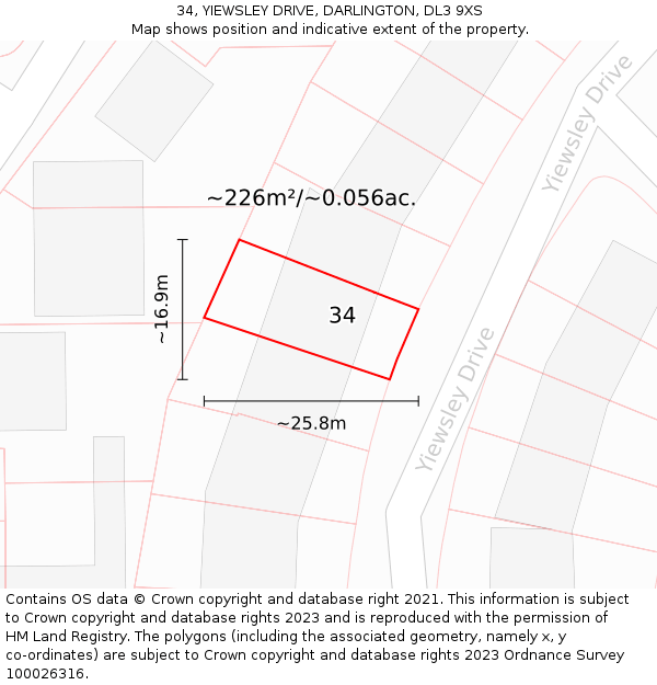 34, YIEWSLEY DRIVE, DARLINGTON, DL3 9XS: Plot and title map