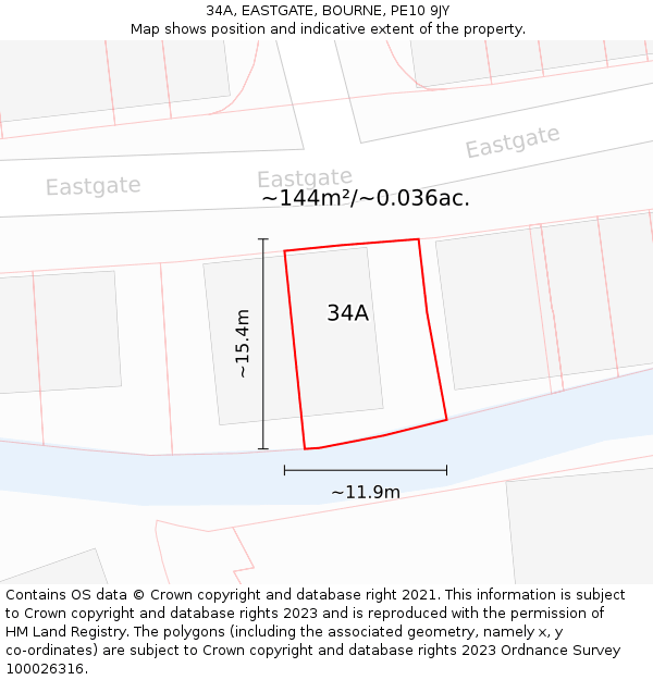 34A, EASTGATE, BOURNE, PE10 9JY: Plot and title map