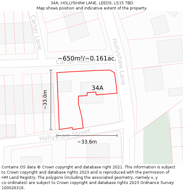 34A, HOLLYSHAW LANE, LEEDS, LS15 7BD: Plot and title map