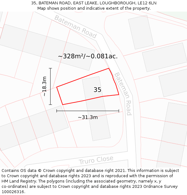 35, BATEMAN ROAD, EAST LEAKE, LOUGHBOROUGH, LE12 6LN: Plot and title map