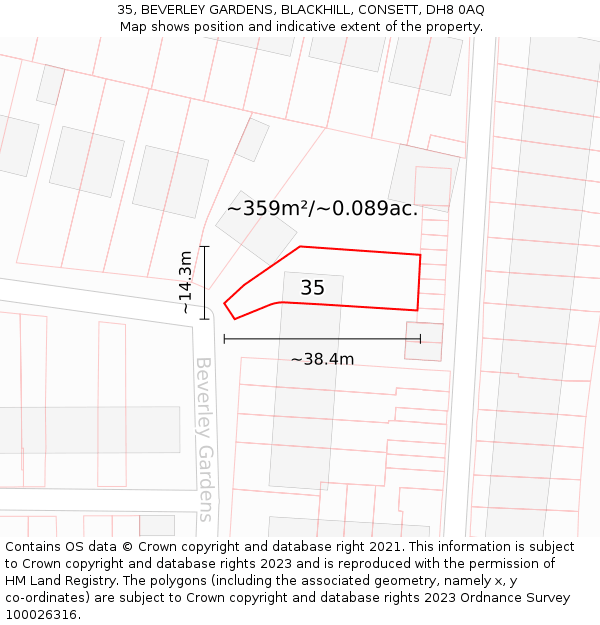 35, BEVERLEY GARDENS, BLACKHILL, CONSETT, DH8 0AQ: Plot and title map