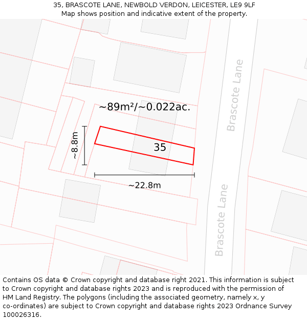 35, BRASCOTE LANE, NEWBOLD VERDON, LEICESTER, LE9 9LF: Plot and title map