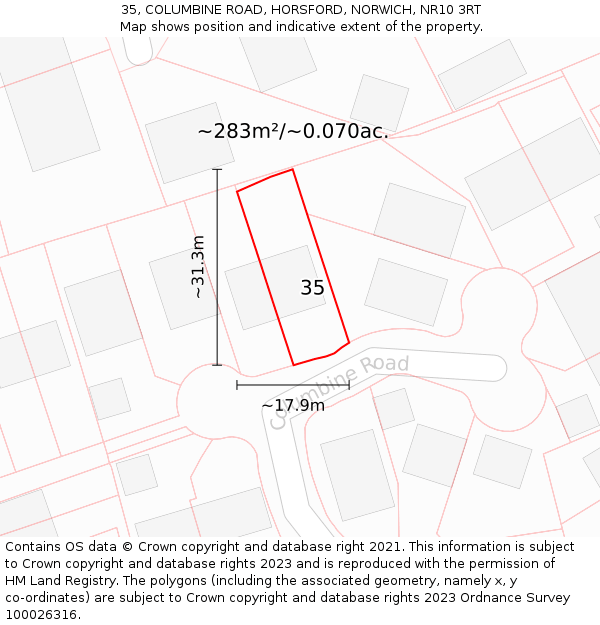 35, COLUMBINE ROAD, HORSFORD, NORWICH, NR10 3RT: Plot and title map