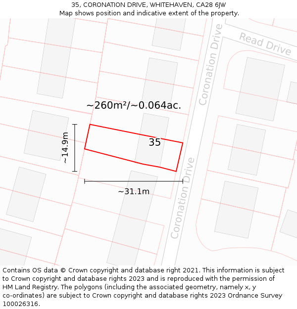 35, CORONATION DRIVE, WHITEHAVEN, CA28 6JW: Plot and title map