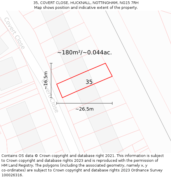 35, COVERT CLOSE, HUCKNALL, NOTTINGHAM, NG15 7RH: Plot and title map