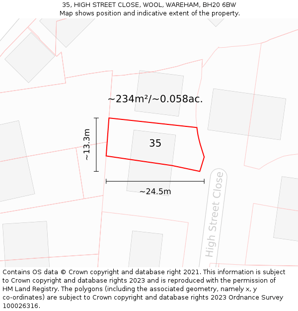 35, HIGH STREET CLOSE, WOOL, WAREHAM, BH20 6BW: Plot and title map