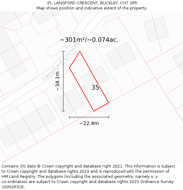 35, LANGFORD CRESCENT, BUCKLEY, CH7 2PR: Plot and title map