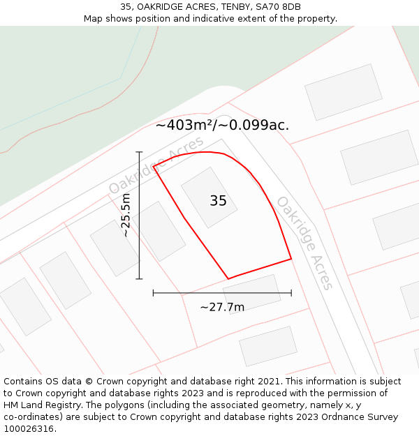 35, OAKRIDGE ACRES, TENBY, SA70 8DB: Plot and title map