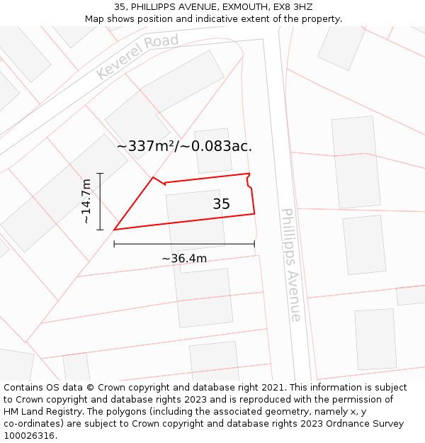35, PHILLIPPS AVENUE, EXMOUTH, EX8 3HZ: Plot and title map