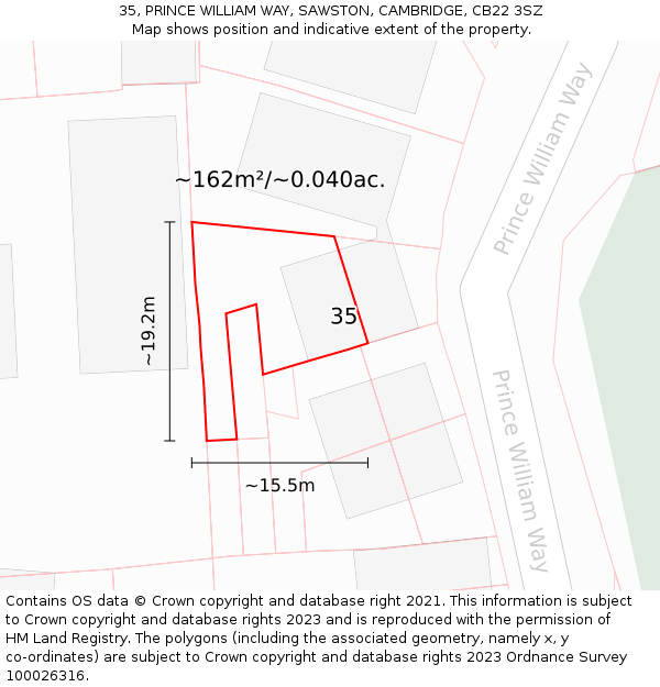 35, PRINCE WILLIAM WAY, SAWSTON, CAMBRIDGE, CB22 3SZ: Plot and title map