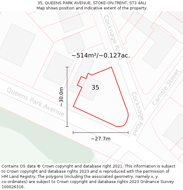 35, QUEENS PARK AVENUE, STOKE-ON-TRENT, ST3 4AU: Plot and title map