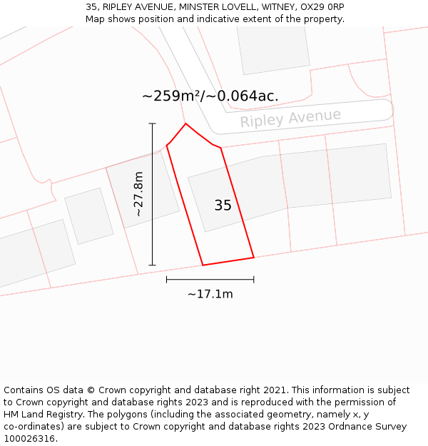 35, RIPLEY AVENUE, MINSTER LOVELL, WITNEY, OX29 0RP: Plot and title map