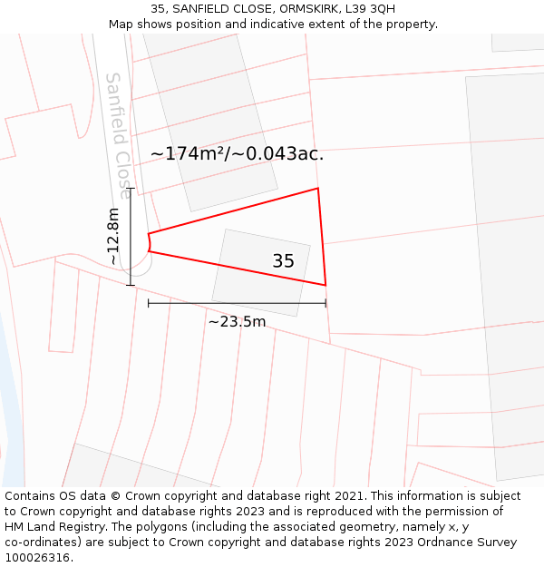 35, SANFIELD CLOSE, ORMSKIRK, L39 3QH: Plot and title map