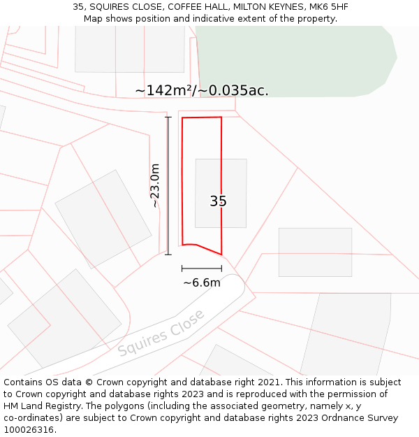 35, SQUIRES CLOSE, COFFEE HALL, MILTON KEYNES, MK6 5HF: Plot and title map