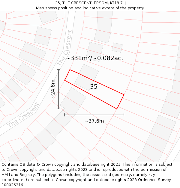 35, THE CRESCENT, EPSOM, KT18 7LJ: Plot and title map