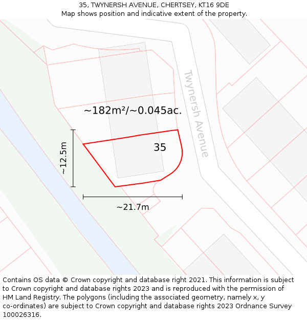 35, TWYNERSH AVENUE, CHERTSEY, KT16 9DE: Plot and title map