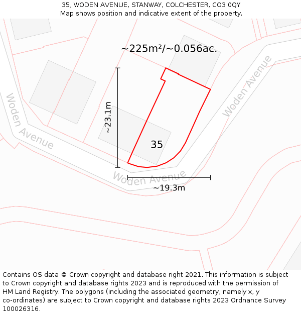 35, WODEN AVENUE, STANWAY, COLCHESTER, CO3 0QY: Plot and title map