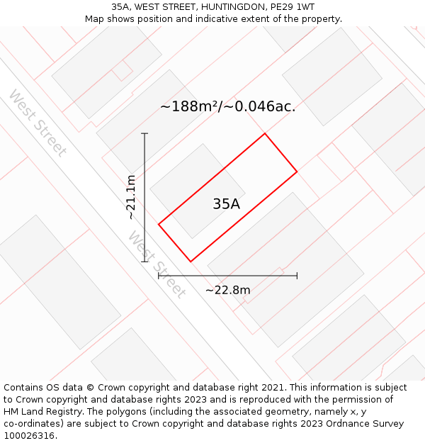 35A, WEST STREET, HUNTINGDON, PE29 1WT: Plot and title map