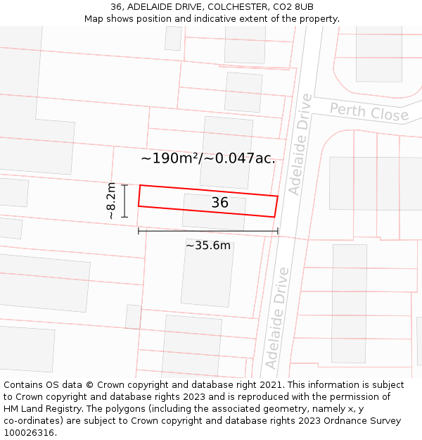 36, ADELAIDE DRIVE, COLCHESTER, CO2 8UB: Plot and title map