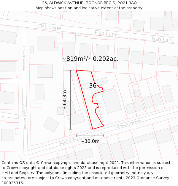 36, ALDWICK AVENUE, BOGNOR REGIS, PO21 3AQ: Plot and title map