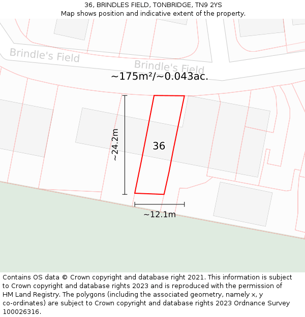 36, BRINDLES FIELD, TONBRIDGE, TN9 2YS: Plot and title map