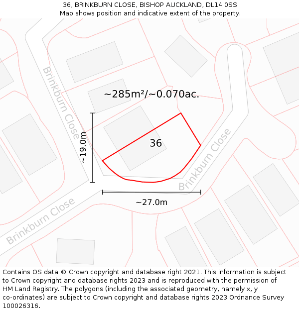 36, BRINKBURN CLOSE, BISHOP AUCKLAND, DL14 0SS: Plot and title map