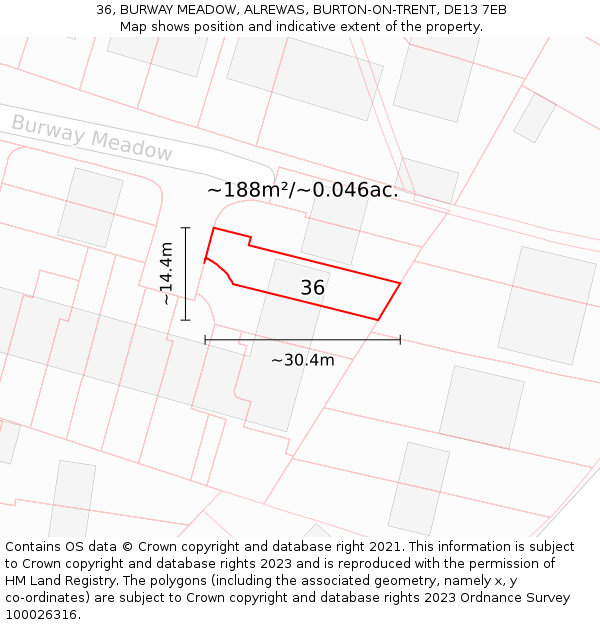 36, BURWAY MEADOW, ALREWAS, BURTON-ON-TRENT, DE13 7EB: Plot and title map