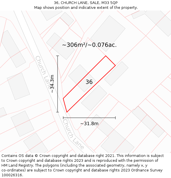 36, CHURCH LANE, SALE, M33 5QP: Plot and title map