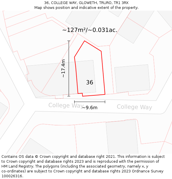 36, COLLEGE WAY, GLOWETH, TRURO, TR1 3RX: Plot and title map