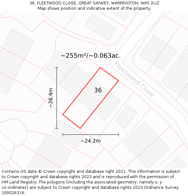 36, FLEETWOOD CLOSE, GREAT SANKEY, WARRINGTON, WA5 2UZ: Plot and title map