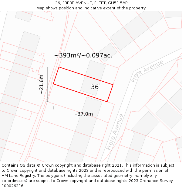 36, FRERE AVENUE, FLEET, GU51 5AP: Plot and title map