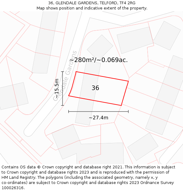 36, GLENDALE GARDENS, TELFORD, TF4 2RG: Plot and title map