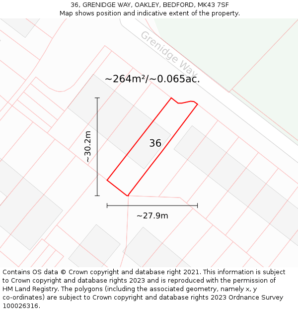 36, GRENIDGE WAY, OAKLEY, BEDFORD, MK43 7SF: Plot and title map
