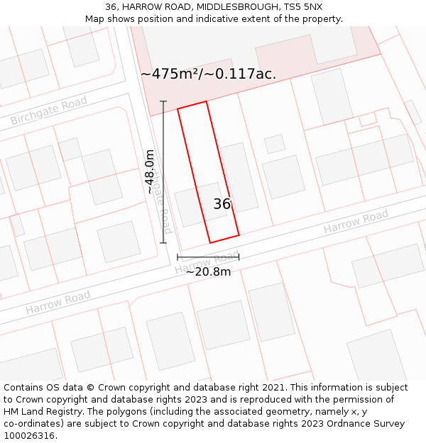 36, HARROW ROAD, MIDDLESBROUGH, TS5 5NX: Plot and title map