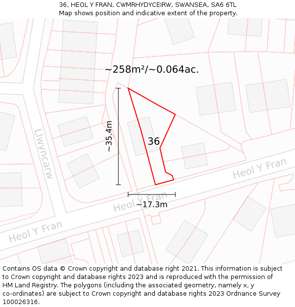36, HEOL Y FRAN, CWMRHYDYCEIRW, SWANSEA, SA6 6TL: Plot and title map