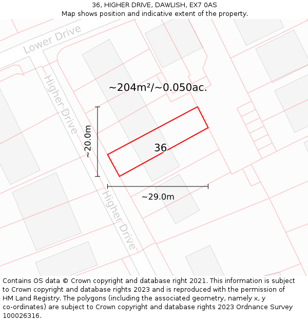 36, HIGHER DRIVE, DAWLISH, EX7 0AS: Plot and title map