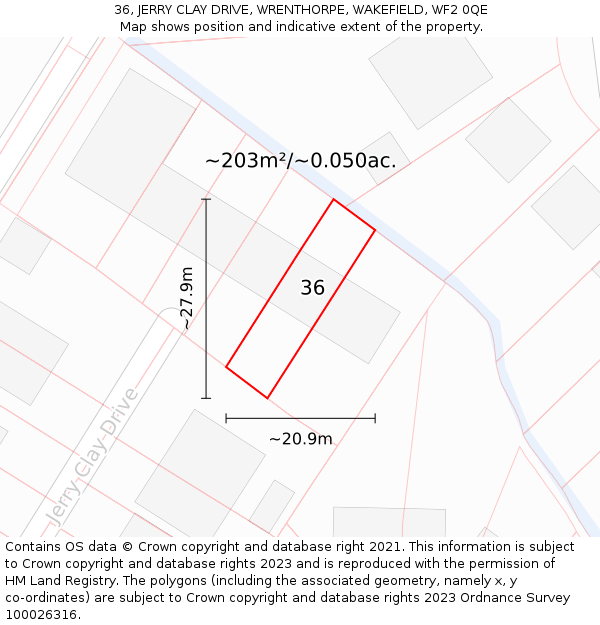 36, JERRY CLAY DRIVE, WRENTHORPE, WAKEFIELD, WF2 0QE: Plot and title map