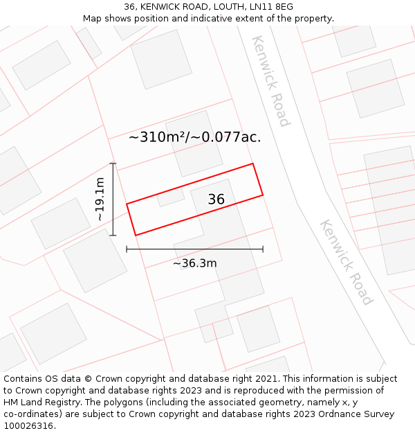 36, KENWICK ROAD, LOUTH, LN11 8EG: Plot and title map